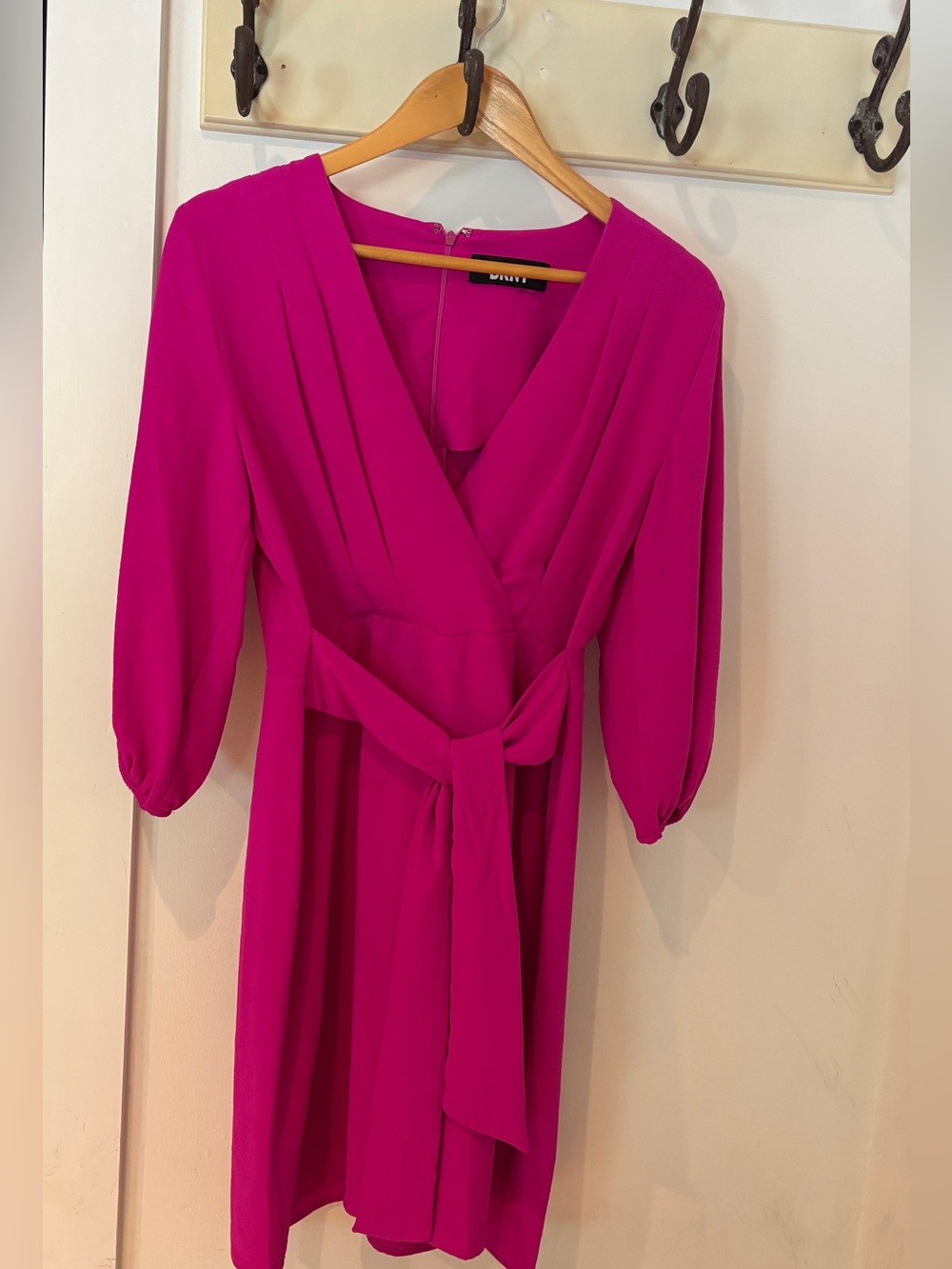 DKNY Fuchsia Long Sleeve Wrap Dress with Waist Tie